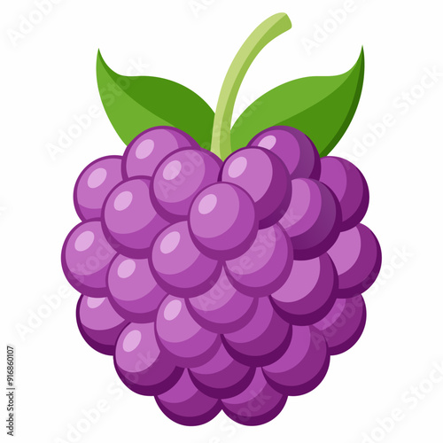 Cartoon Illustration of a Single Purple Blackberry with Green Leaves