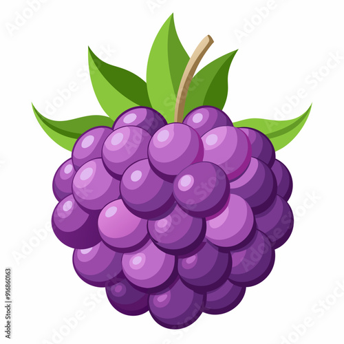 Cartoon Illustration of a Single Purple Blackberry with Green Leaves
