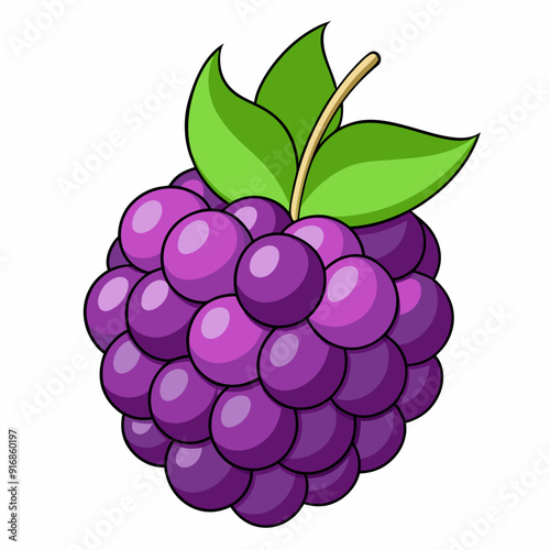Cartoon Illustration of a Single Blackberry with Green Leaves