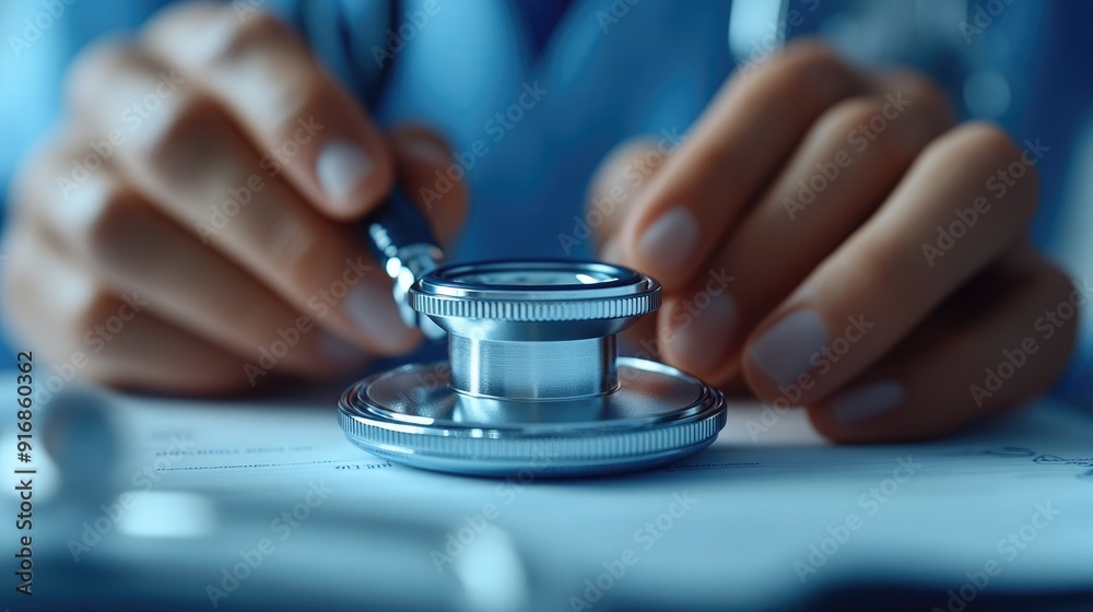 Close-up of a health professional's hands examining a stethoscope Close-up of a health professional's hands examining a stethoscope