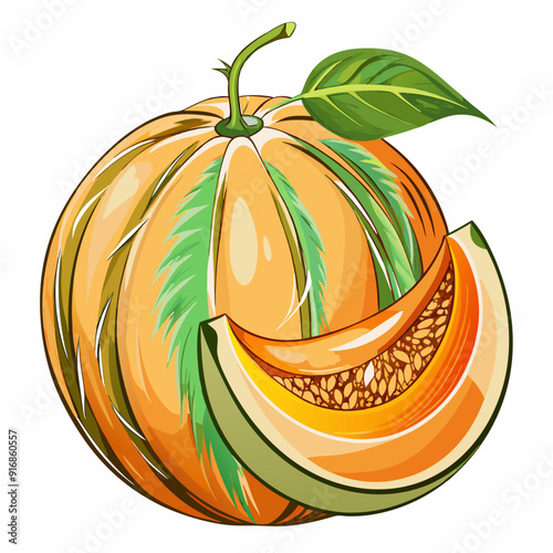 Whole and Sliced Cantaloupe Melon with Green Leaf