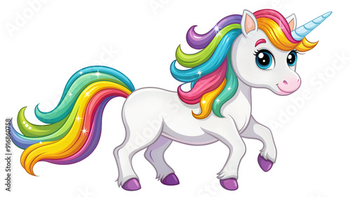 Enchanted Unicorn. An ethereal illustration of a majestic unicorn with a multicolored mane and tail, surrounded by sparkling stars.