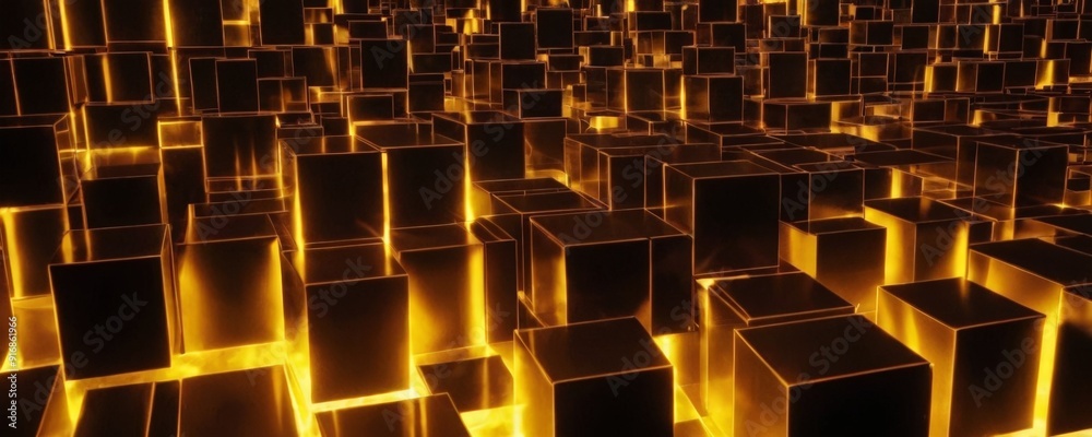 Obraz premium 3D cityscape features numerous rectangular buildings with golden glow, creating visually striking and dynamic