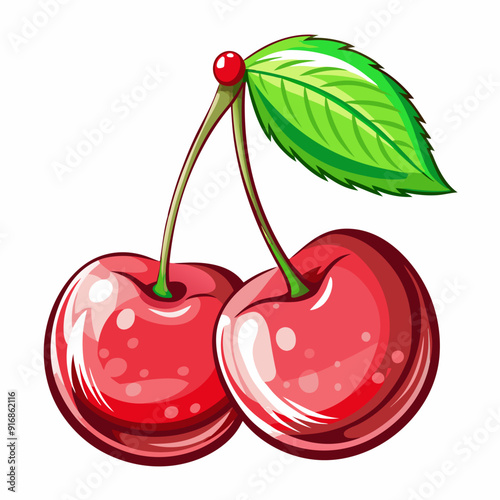 Two Red Cherries with Green Leaf