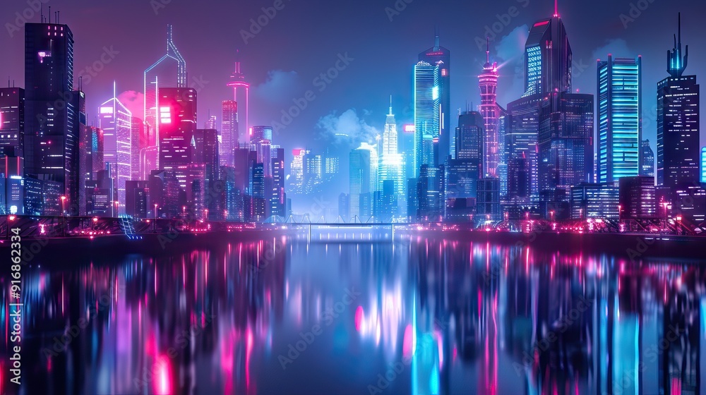 Fototapeta premium Smart city and abstract dot point connect with gradient line and aesthetic Intricate wave line design , big data connection technology concept. AI generated illustration