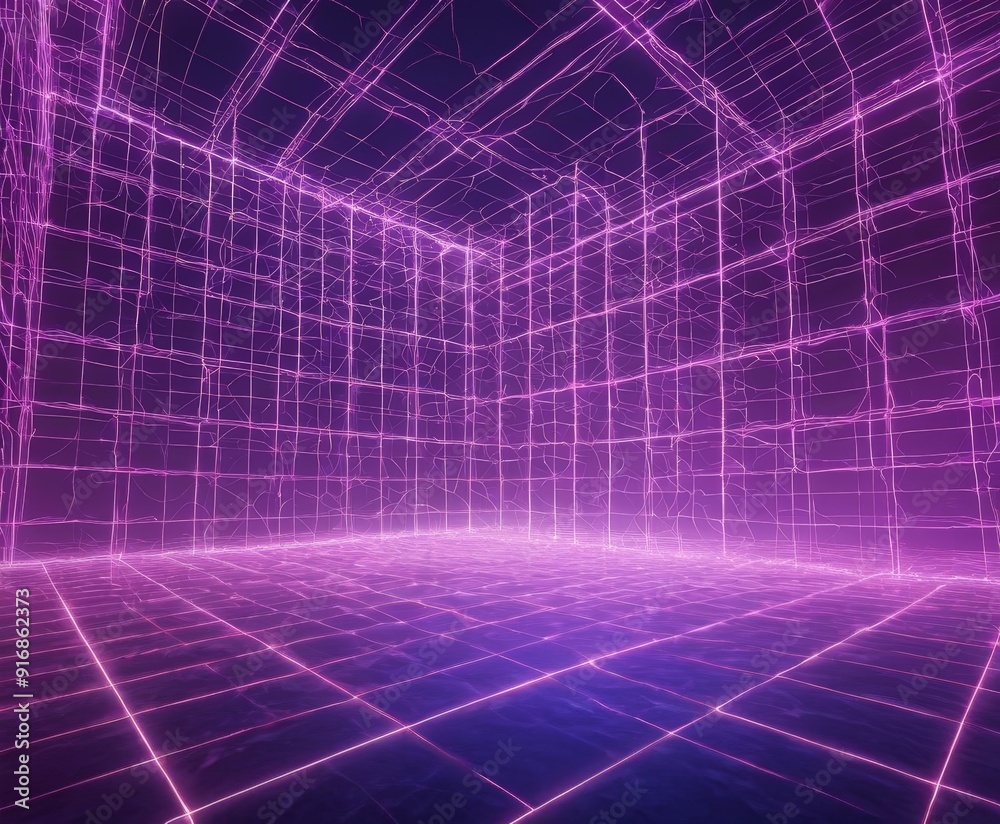 3D purple grid-like room with grid-like floor, creating sense depth and space. 3D purple grid-like room with grid-like floor, creating sense depth and space.