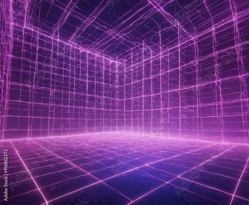 3D purple grid-like room with grid-like floor, creating sense depth and space.