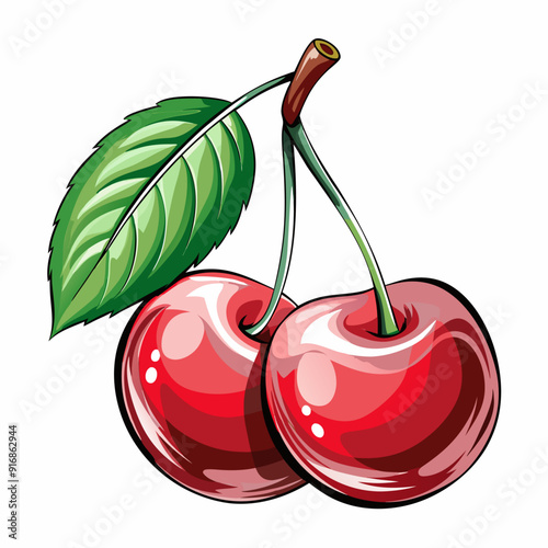 Two Red Cherries with a Green Leaf and Stem