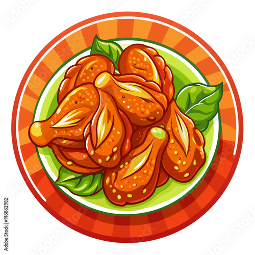A Plate of Roasted Chicken Wings with Green Leaves