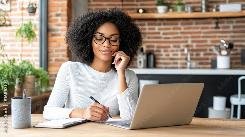 A smiling young woman takes notes while using a tablet and laptop at her kitchen table, embracing a productive work-from-home environment A smiling young woman takes notes while using a tablet and laptop at her kitchen table, embracing a productive work-from-home environment