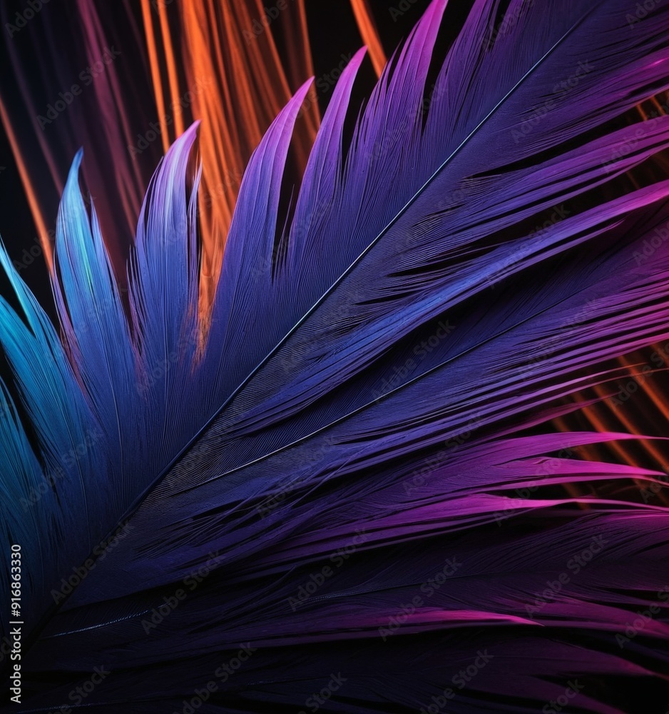 Fototapeta premium close-up view feather displays vibrant mix blue, purple, and orange hues, with slight blur effect.