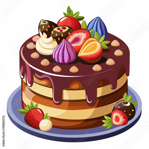 Chocolate Cake Topped with Strawberries, Whipped Cream and Chocolate Covered Strawberries