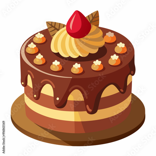 Chocolate Cake with Caramel Topping and a Single Strawberry