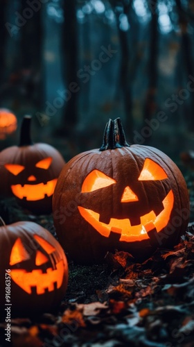 Wallpaper Mural Halloween pumpkins on dark spooky forest with blue fog in background. Torontodigital.ca