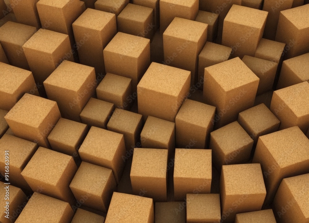 3D numerous brown cubes arranged in grid-like pattern, with some cubes overlapping and others slightly tilted. 3D numerous brown cubes arranged in grid-like pattern, with some cubes overlapping and others slightly tilted.
