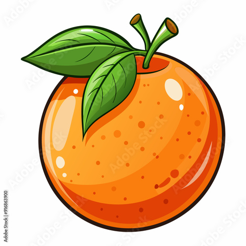 Cartoon Illustration of a Ripe Orange with Green Leaves