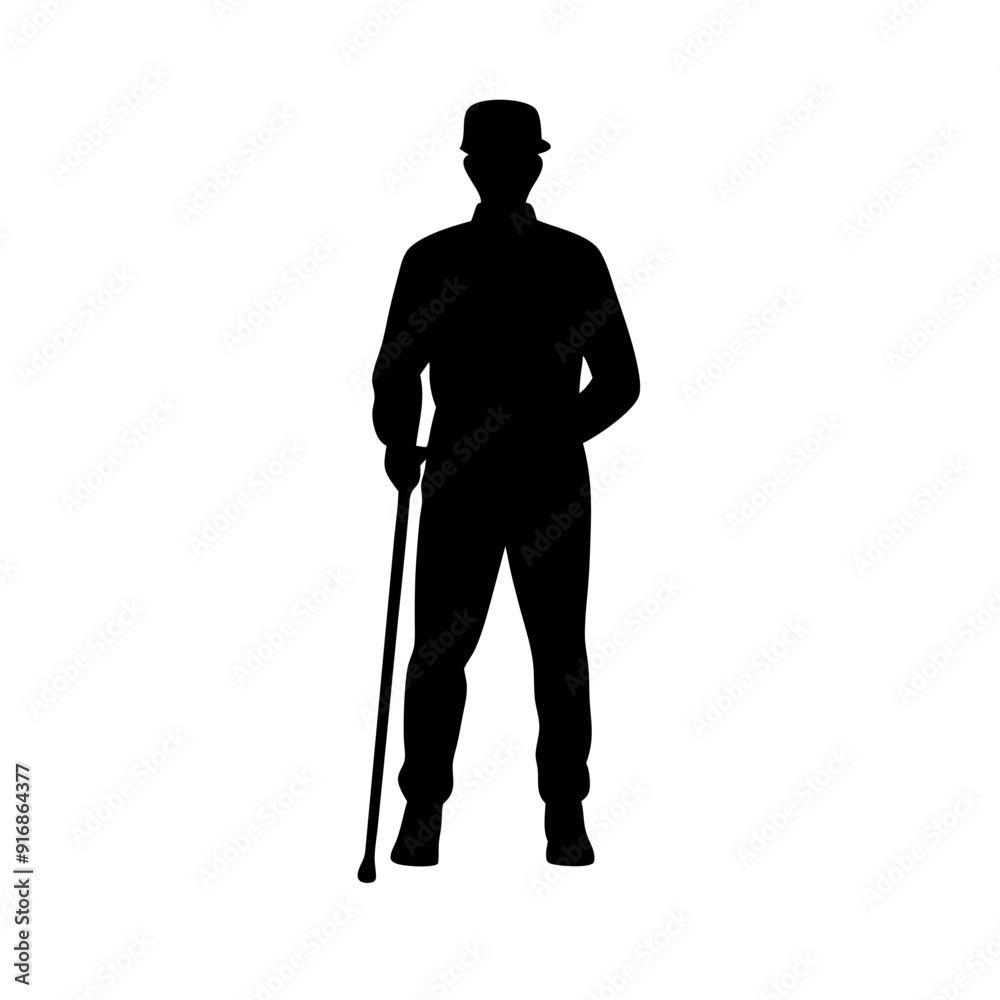 a young man stand with cane vector art illustration, solid color vector, isolated white background