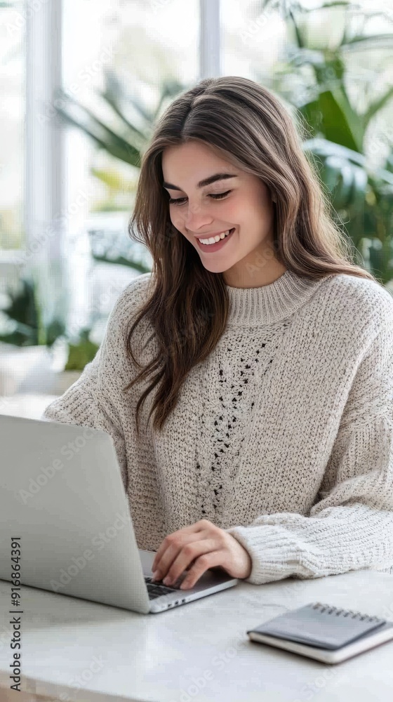 A smiling young woman takes notes while using a tablet and laptop at her kitchen table, embracing a productive work-from-home environment