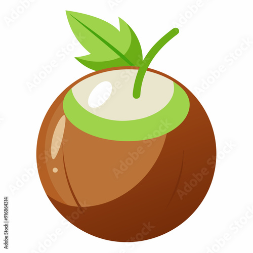 A Whole Coconut with a Green Leaf on Top
