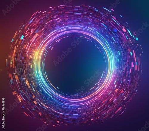 vibrant, circular digital features gradient blue, purple, and pink hues, with central black circle surrounded
