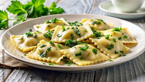 Freshly cooked ravioli filled with spinach and melted cheese, garnished with fresh parsley, arranged on a clean white plate against a neutral background.