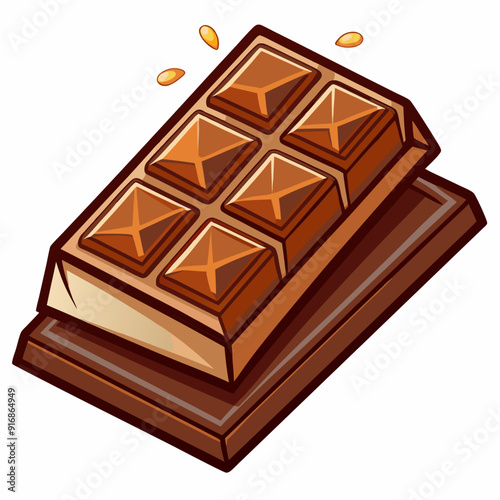 A cartoon illustration of a chocolate bar with pieces broken off