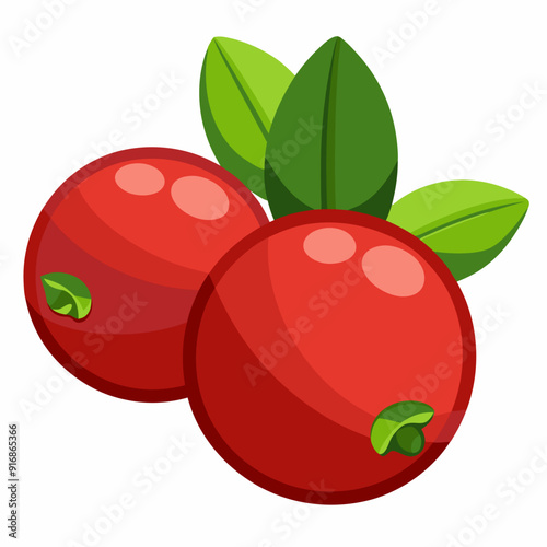 Two Red Cranberries with Green Leaves