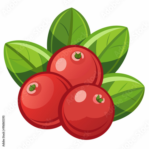 Three Red Cranberries with Green Leaves