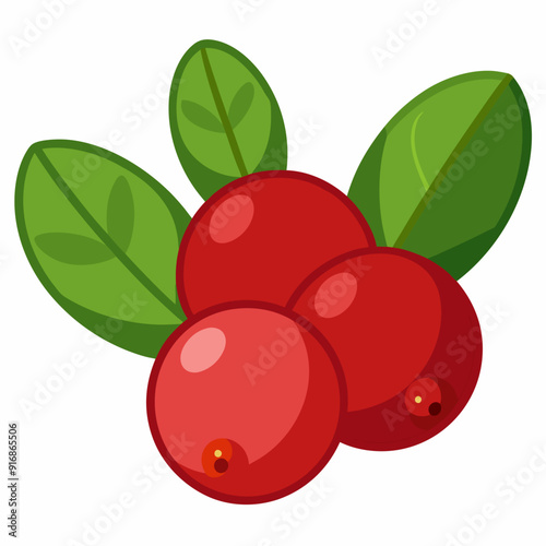Three Red Cranberries with Green Leaves