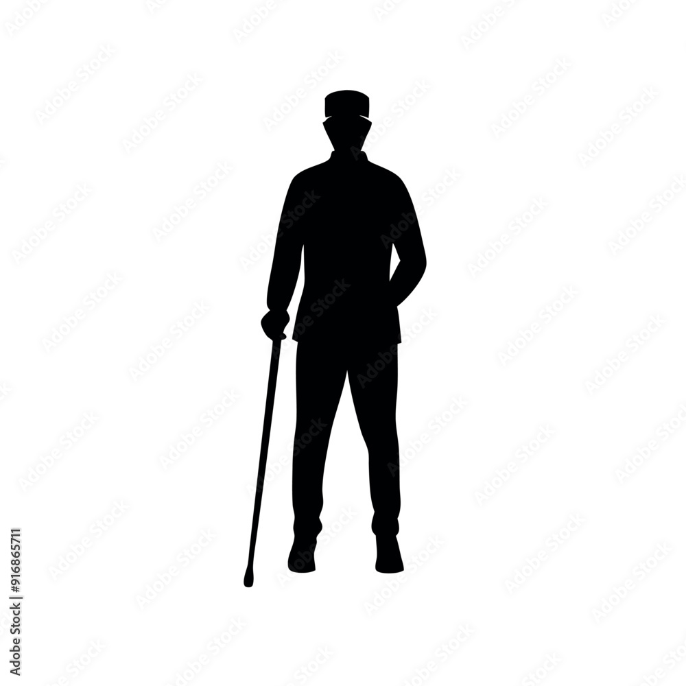 a young man stand with cane vector art illustration, solid color vector, isolated white background