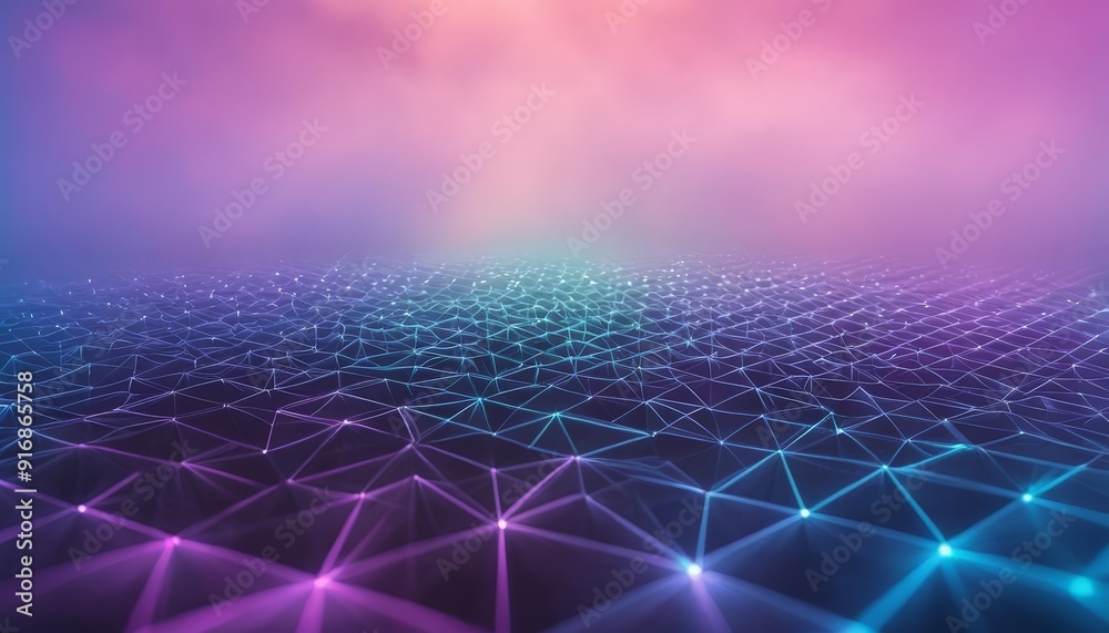 digital futuristic cityscape, featuring grid-like pattern glowing lines and dots, with gradient pink and