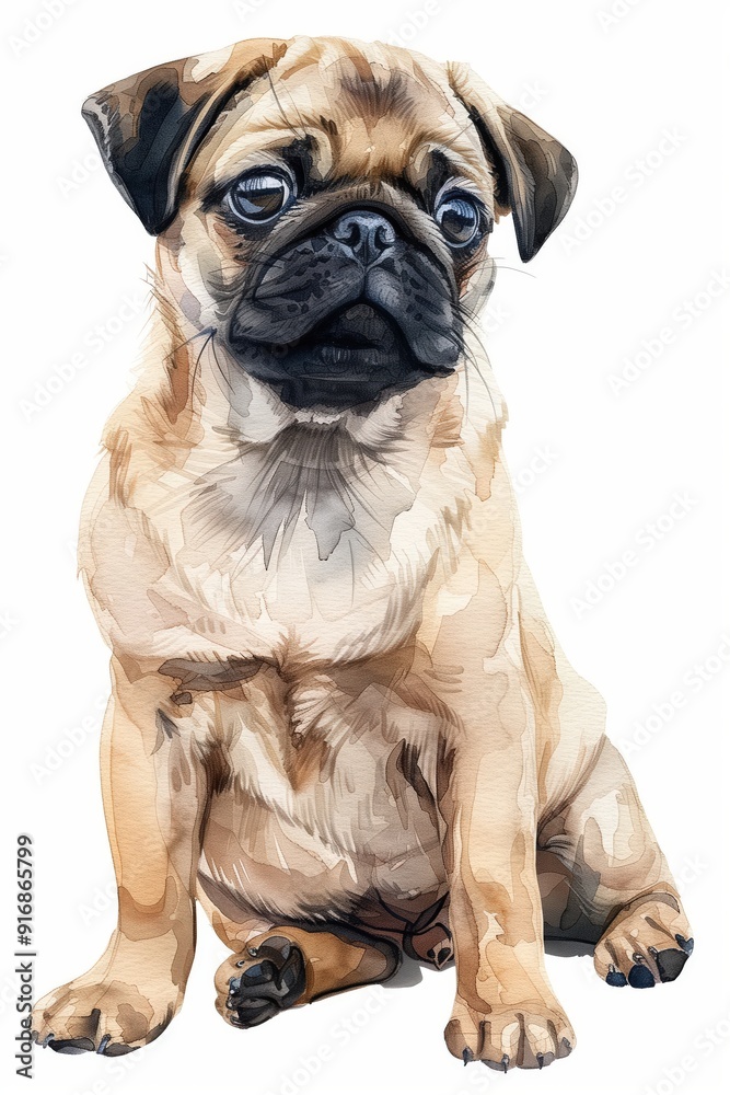 A cute, illustrated pug sitting with a charming expression. A cute, illustrated pug sitting with a charming expression.