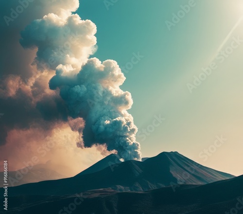 plume smoke rises from distant volcano, contrasting with the clear blue sky and silhouetted mountain range.