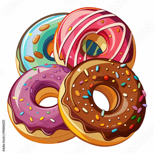 A Group of Four Colorful Glazed Donuts with Sprinkles