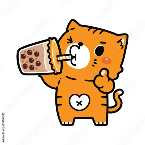 Cute Ginger Cat Eating Bubble Milk Tea to Thumb Up Gesture.  Enjoy  Boba Milk Tea Happy. Kawaii Cartoon Style. 