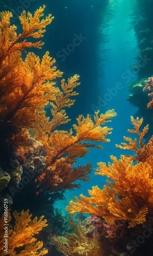 vibrant underwater scene showcases coral reef teeming with orange and yellow corals, set against deep blue