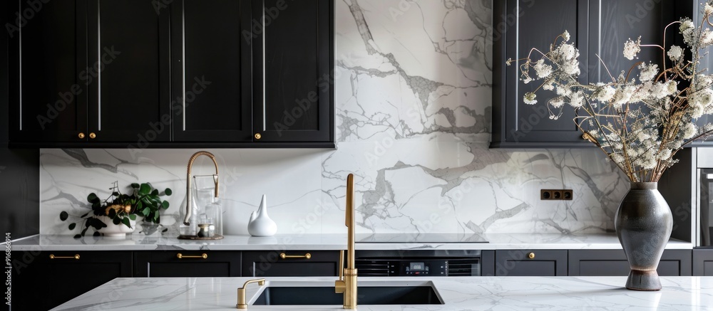 Modern Kitchen Design with Marble Backsplash and Black Cabinets Modern Kitchen Design with Marble Backsplash and Black Cabinets