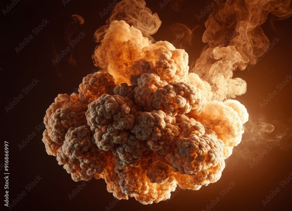 large, orange cloud smoke billows upwards, creating dramatic and fiery visual effect. large, orange cloud smoke billows upwards, creating dramatic and fiery visual effect.