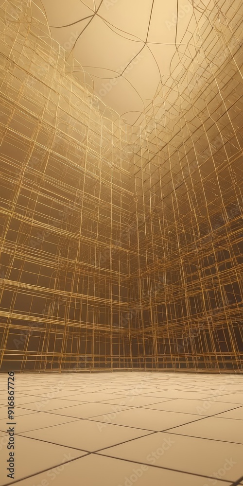 Obraz premium 3D room with grid-like pattern wooden panels and tiled floor, creating sense depth and space.