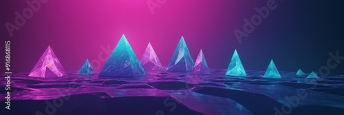 3D rocky landscape features variety triangular and pyramid-shaped structures in shades blue and pink, with