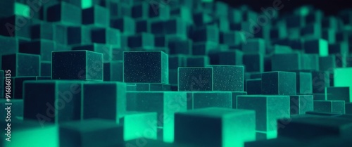 3D cityscape composed numerous cubes in shades blue and green, with gradient effect.