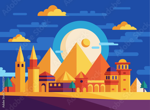 Egypt pyramids giza cairo cityscape skyline geometrical Background items doodle background social media design
Landscape of Egypt. Vector illustration in flat style. Colorful background.