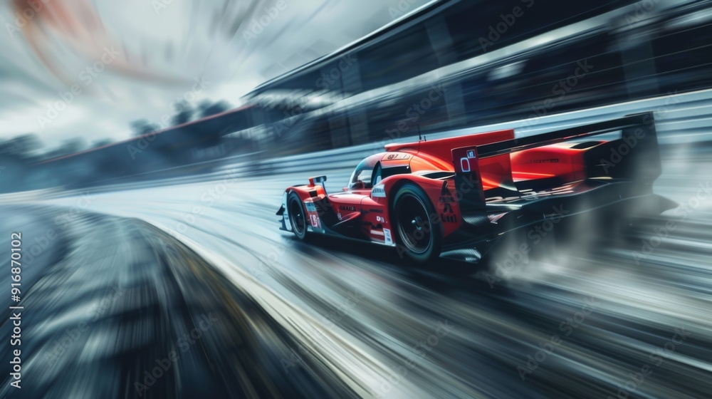 Race car speeding on track with motion blur to showcase dynamic performance and competition. Speed and motion in high - performance motorsports Race car speeding on track with motion blur to showcase dynamic performance and competition. Speed and motion in high - performance motorsports