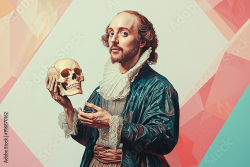 Elegant High-Resolution Image of Shakespeare Holding a Skull on Trendy Pastel Background