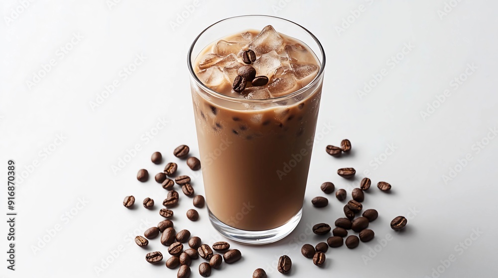 Iced coffee with ice cubes and coffee beans on white background. Iced coffee with ice cubes and coffee beans on white background.