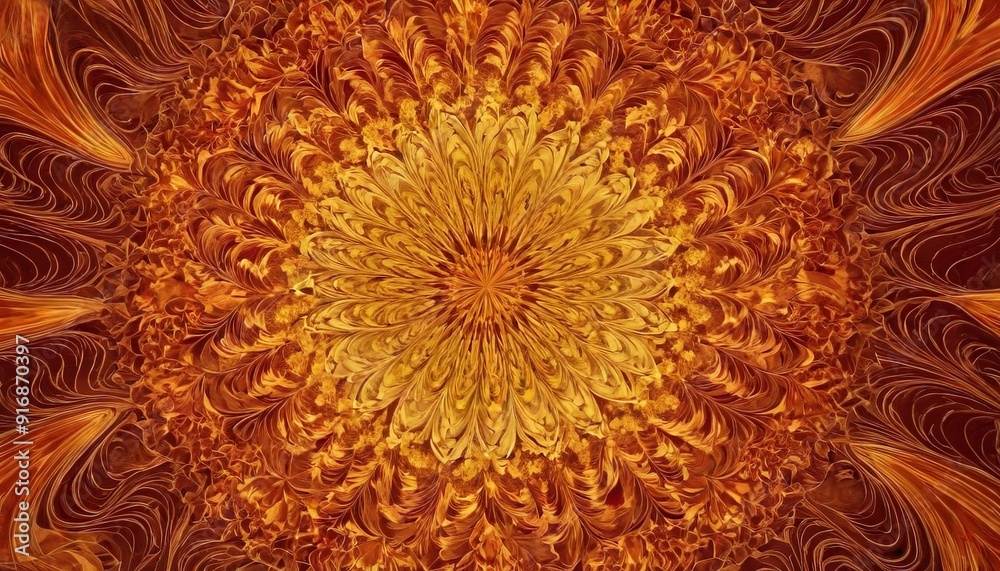 vibrant, abstract features large, intricate flower-like pattern in shades orange and brown, with central