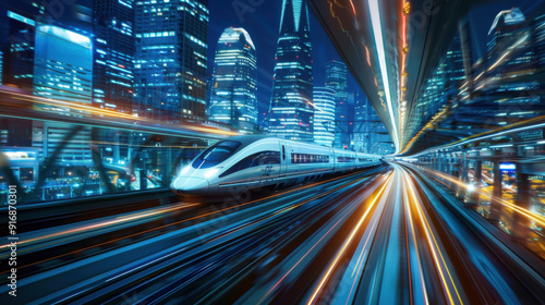 High-speed bullet train speeding through a futuristic city