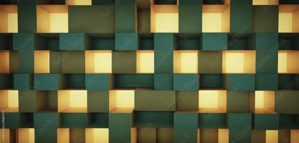 3D grid green and yellow cubes, with some squares illuminated by warm yellow light, creates visually striking 3D grid green and yellow cubes, with some squares illuminated by warm yellow light, creates visually striking