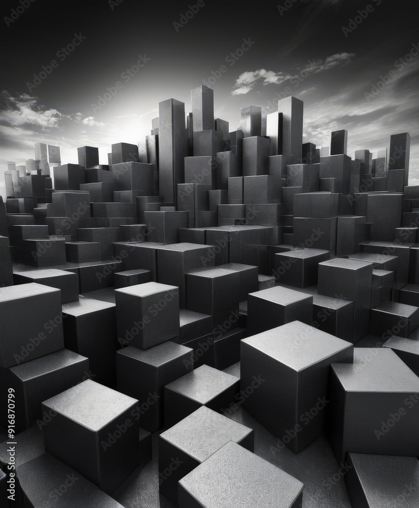 Fototapeta premium black and white densely packed cityscape, with numerous cubes varying sizes and shapes, creating complex and