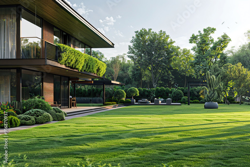 Modern house in suburb with beautiful green landscape